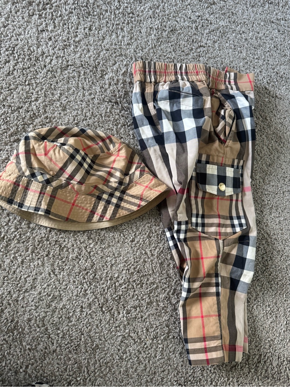 Burberry Tan Black Red Check Cargo Pants and Bucket Hat - Kids